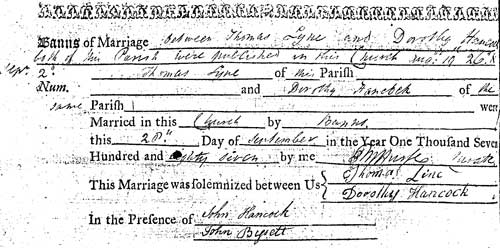 Parish Register entry for Thomas and Dorothy