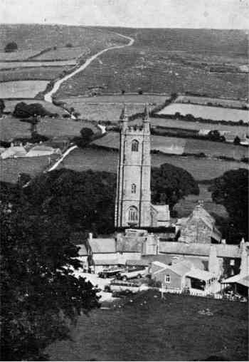 Looking down on the village of Widecombe and its church